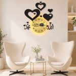 Islamic wall clock with Allah and Muhammad calligraphy on living room wall
