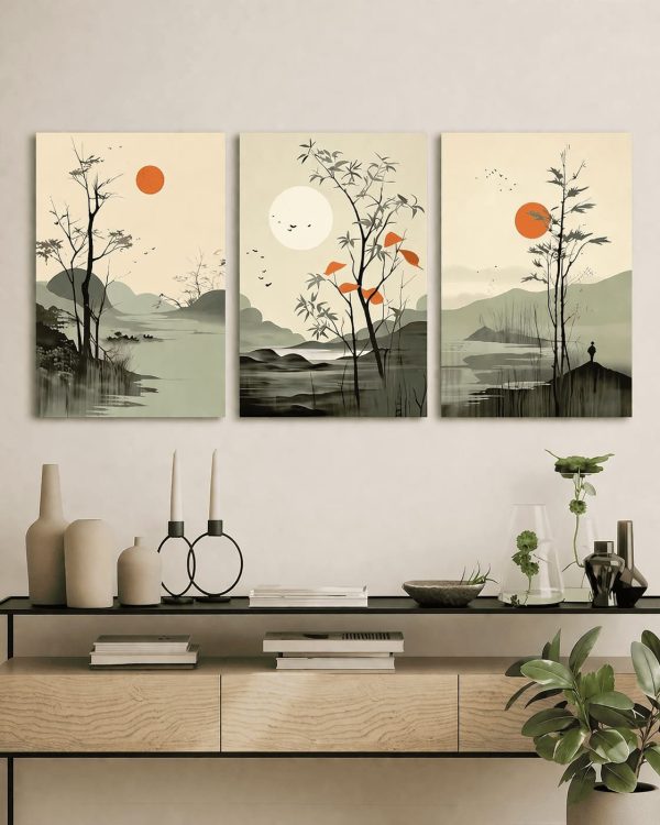 Abstract landscape wall frame set of 3 with multicolor artwork