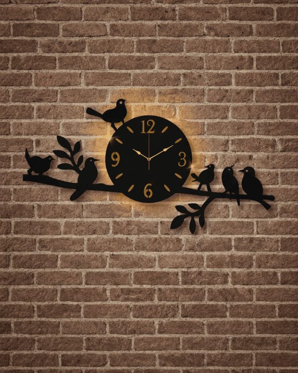 Bird design wall clock with backlight in black and gold