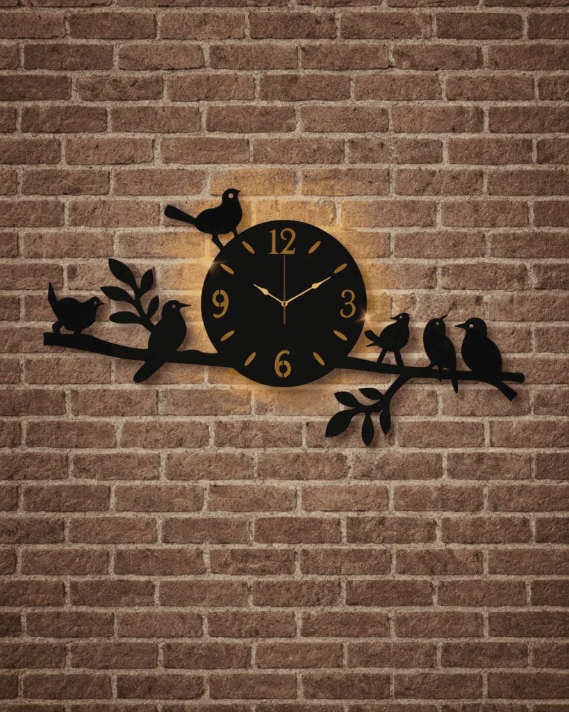 Bird design wall clock with backlight in black and gold