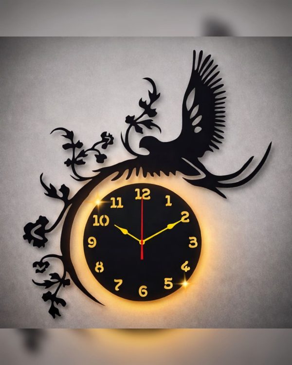 Black laminated wall clock with eagle design and soft backlight