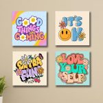Close view of colorful wooden wall frames with text art