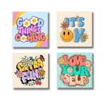 Close view of colorful wooden wall frames with text art