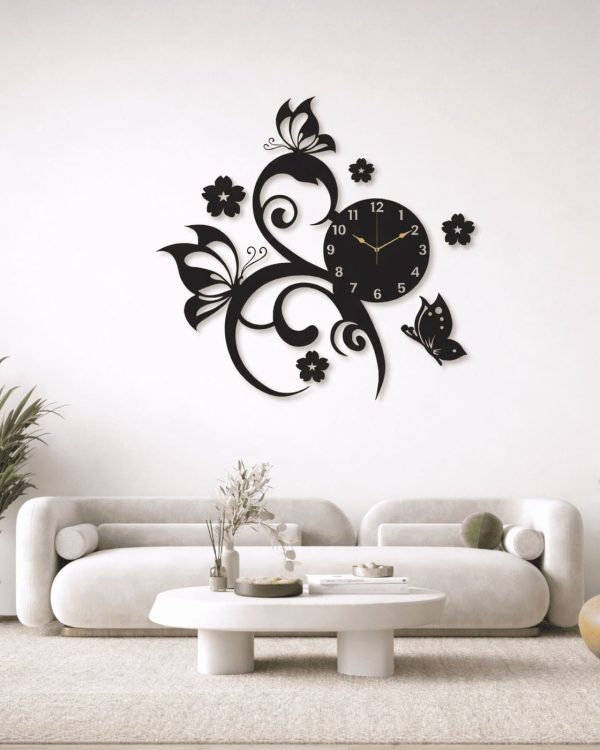 Black butterfly flower wall clock for wall decor