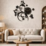 Black floral wall clock with butterfly design