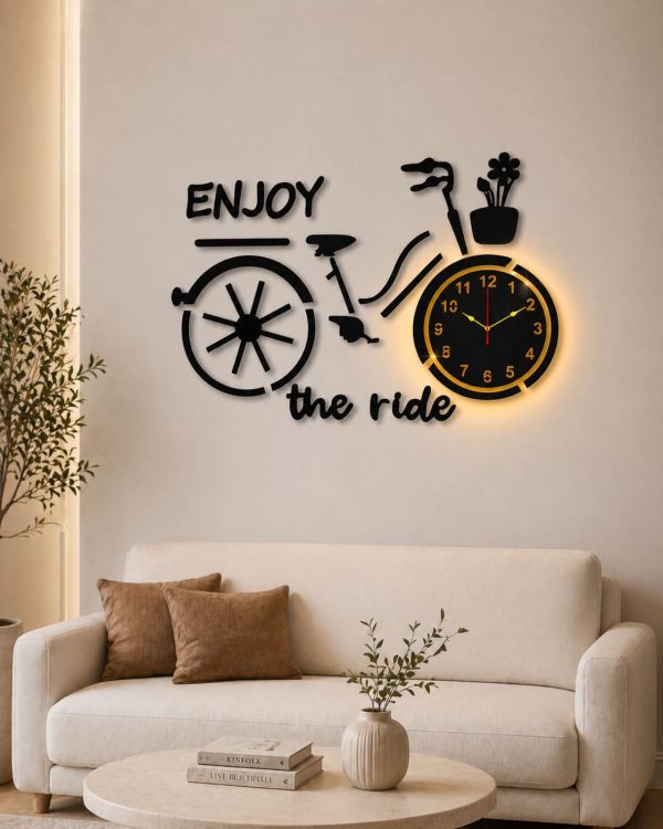 Bicycle Wall Clock with Backlight in black Enjoy The Ride design