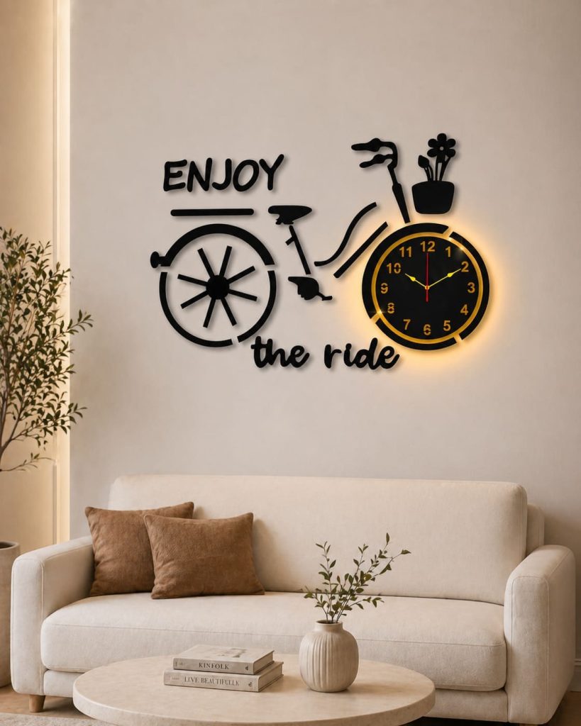 Bicycle Wall Clock with Backlight in black Enjoy The Ride design