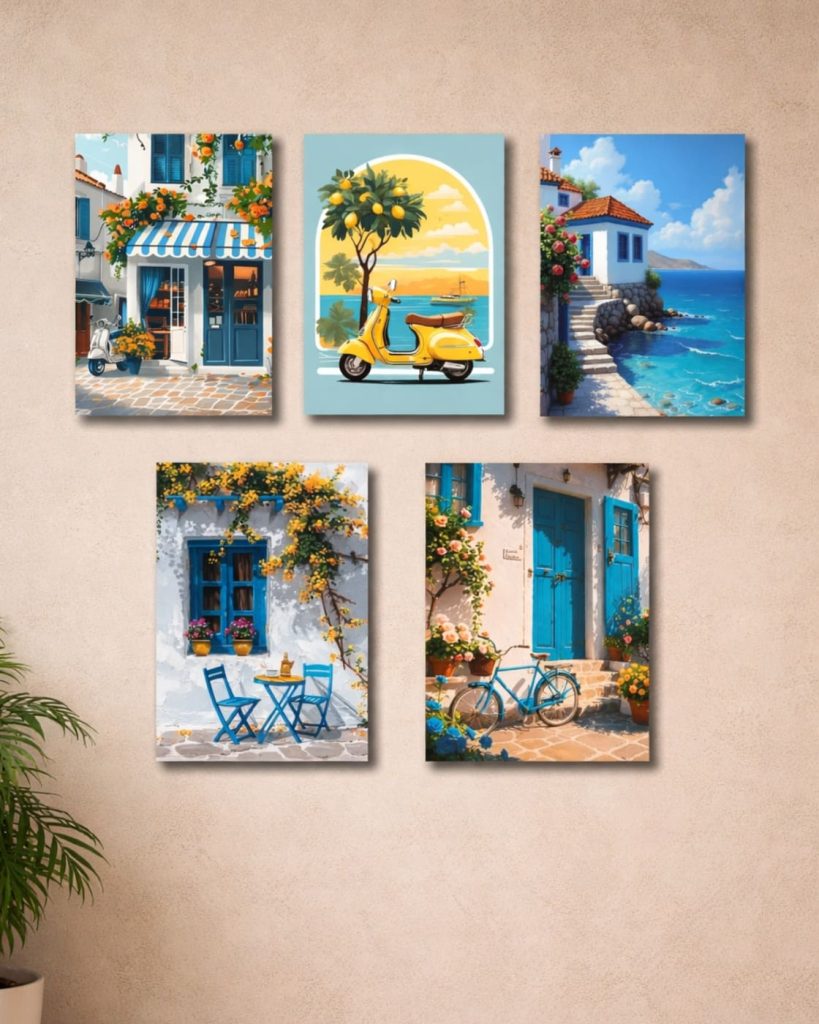 Mediterranean coastal wall frames set of 5 in multicolor MDF wall decor
