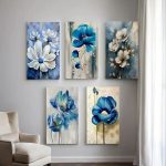 Decorative blue wall frames arranged in grid layout