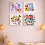 Multicolor wooden wall frame set of 4 with playful text and floral wall art