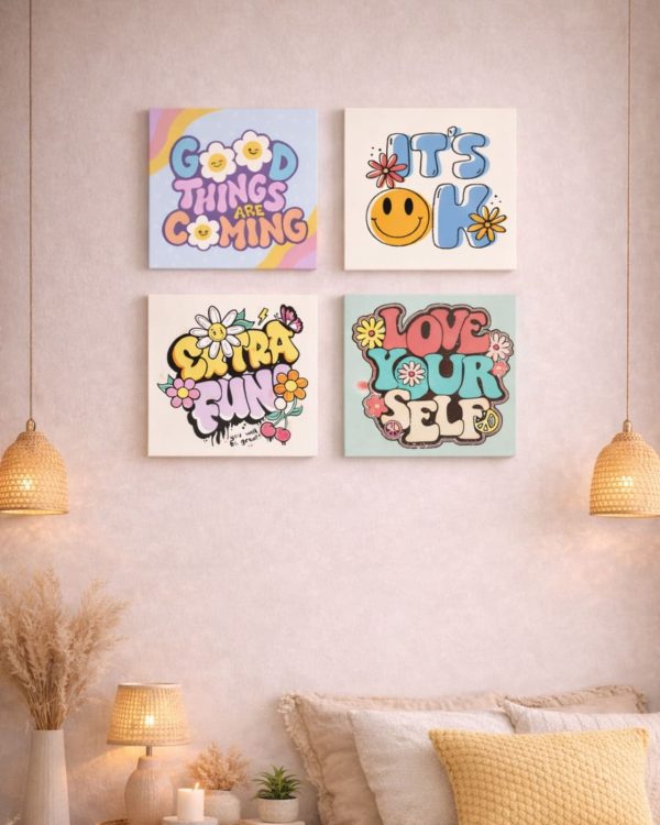 Multicolor wooden wall frame set of 4 with playful text and floral wall art