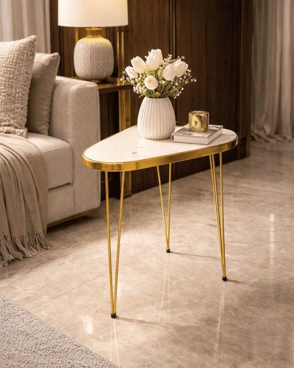 Gold hairpin side table with white marble-effect top