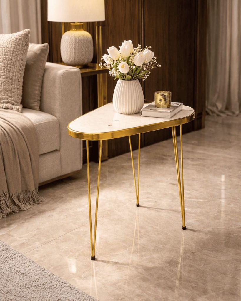 Gold hairpin side table with white marble-effect top